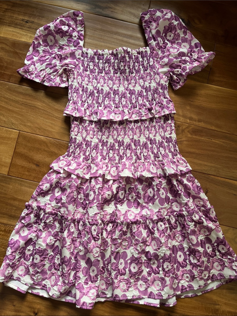 Girls' Smocked Tiered Floral Dress in White, Purple and Pink